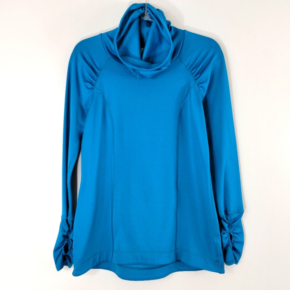 CALIA turquoise cowl funnel neck ruched shoulder pullover active workout top